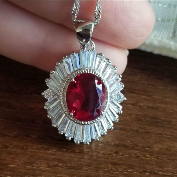 New 925 Silver Oval Cut Ruby Baguette Diamond Necklace Pendant And Chain